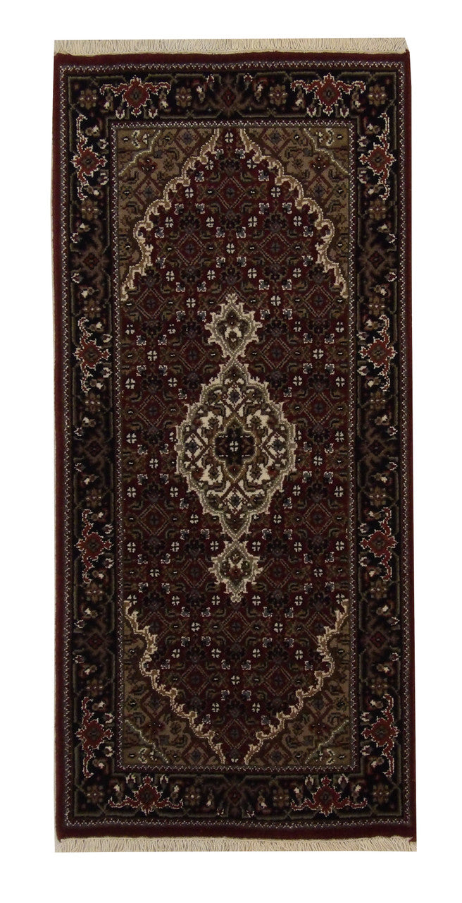 Traditional Indo Mahi Tabriz hand-knotted wool rug in Red, full view