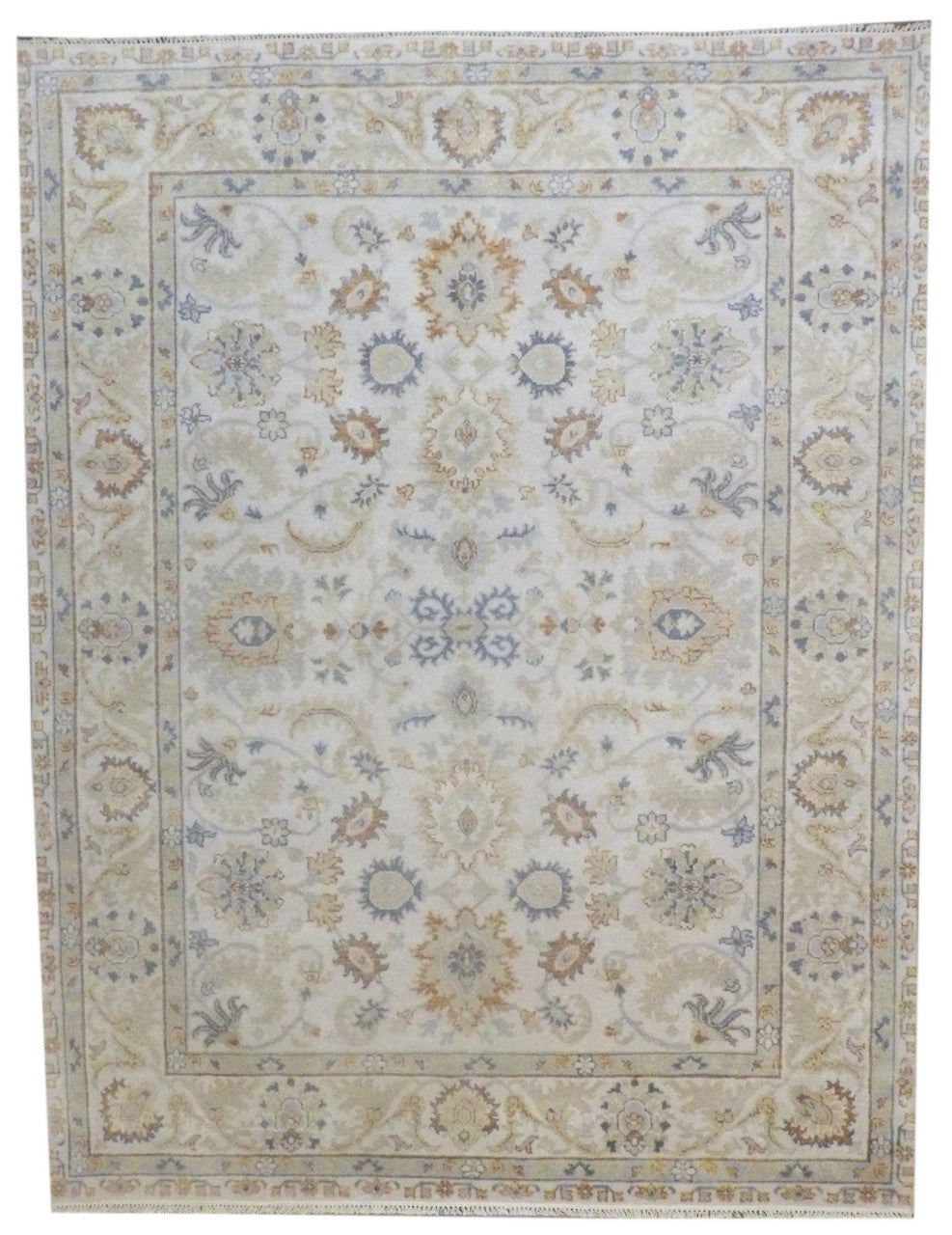 Turkish Oushak natural dye hand-knotted wool rug in beige and blue, full view, 8x10