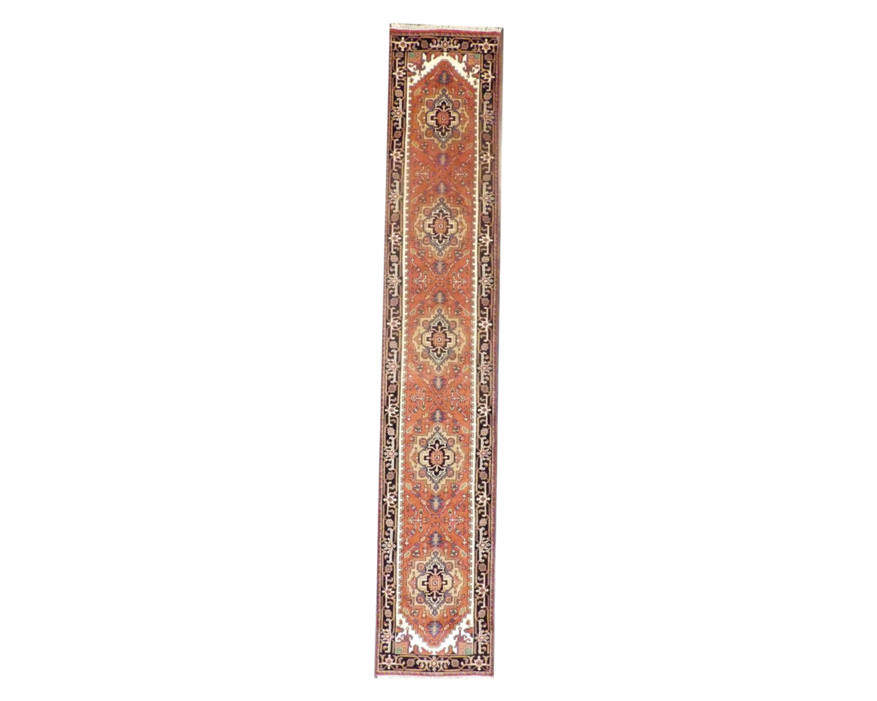 Tribal Heriz hand-knotted wool rug in Blue & Rust, full view