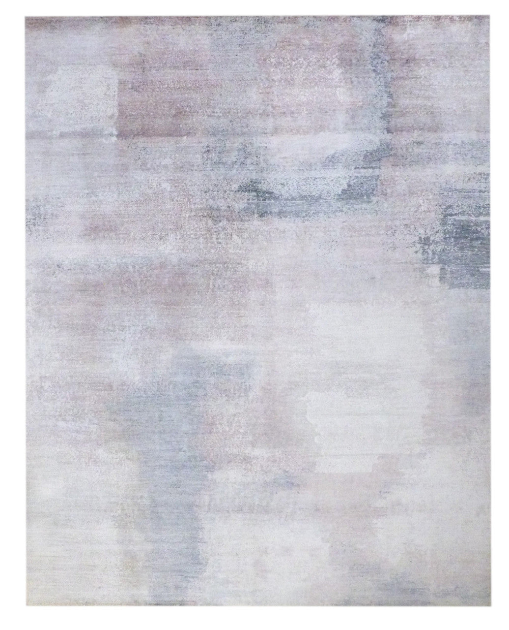 Transitional abstract mosaic hand-knotted wool-silk rug in gray and pink, full view