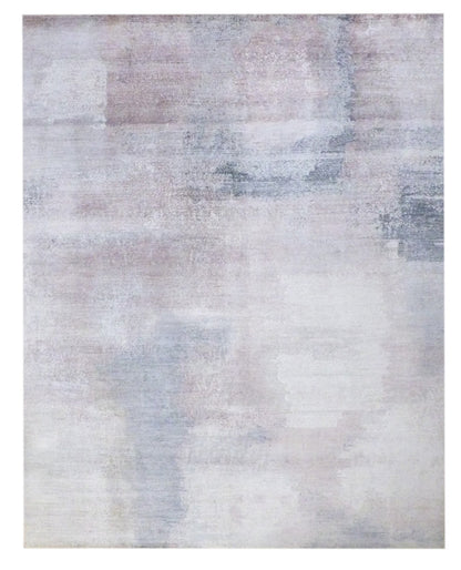 Transitional abstract mosaic hand-knotted wool-silk rug in gray and pink, full view