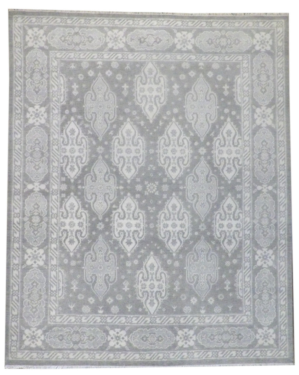 Turkish Anatolian Oushak hand-knotted wool rug in green and beige, full view
