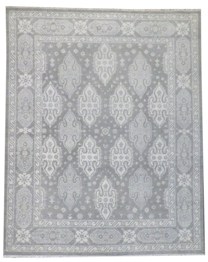 Turkish Anatolian Oushak hand-knotted wool rug in green and beige, full view