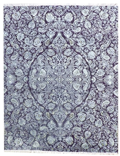 Colorful Persian Design High Low hand-knotted wool-silk rug in Blue & Brown, full view