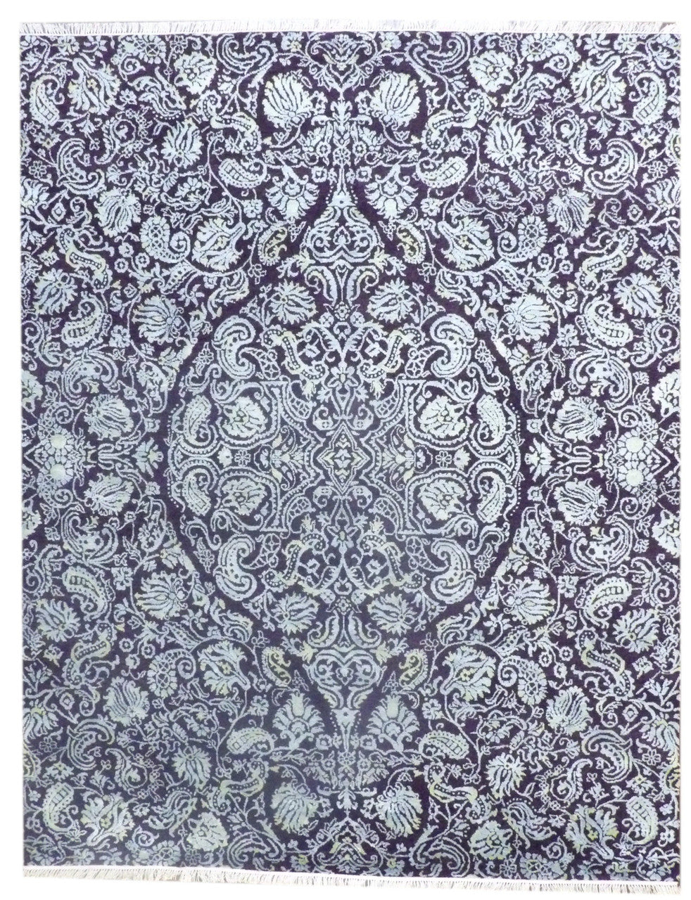 Colorful Persian Design High Low hand-knotted wool-silk rug in Blue & Brown, full view