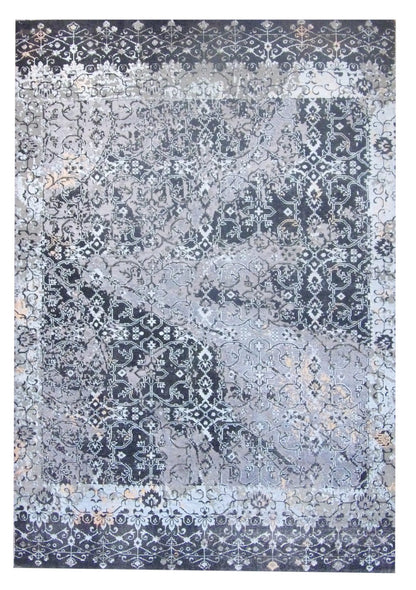 Transitional oxidized vintage broken design hand-knotted wool-silk rug in black, full view