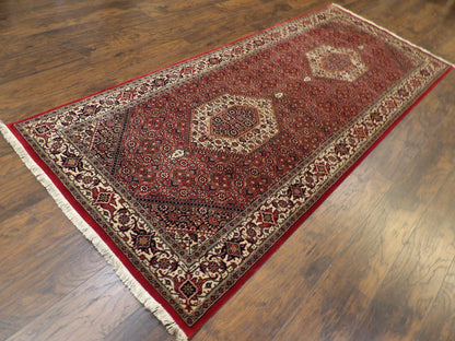 Bidjar dense weave pattern detail, red and beige runner