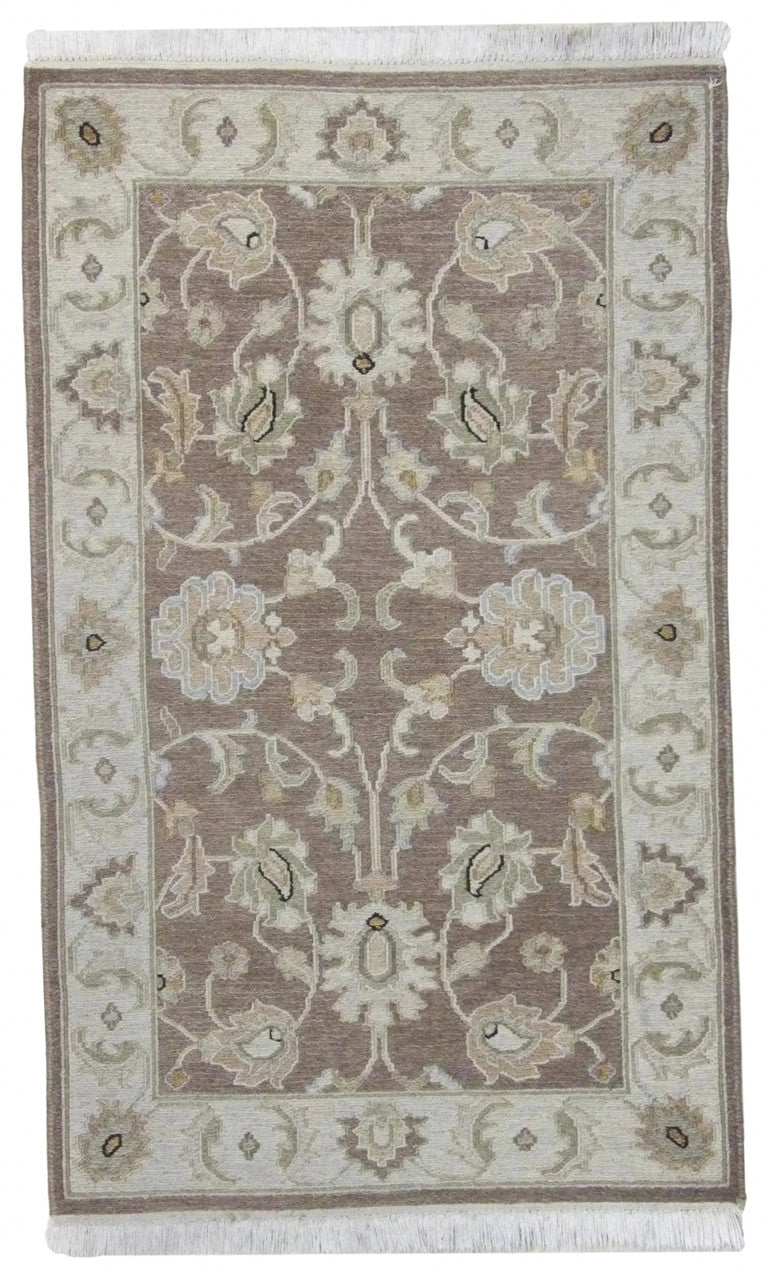 Tribal Soumak hand-knotted wool rug in Brown & Gold, full view