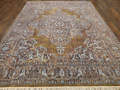 Close-up of wool-silk pile, Blue & Brown rug