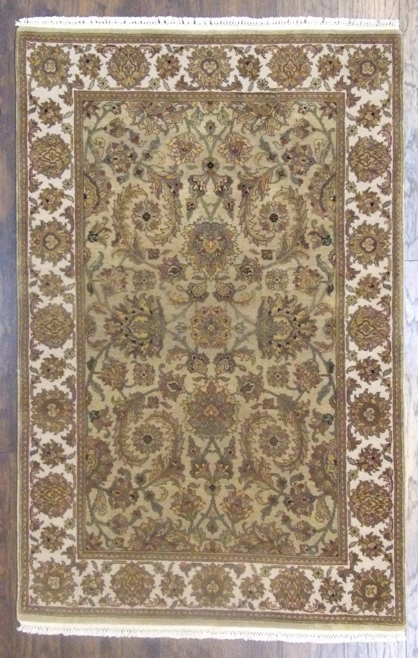Jaipur Kashan antique wash hand-knotted wool rug in gold and beige, full view