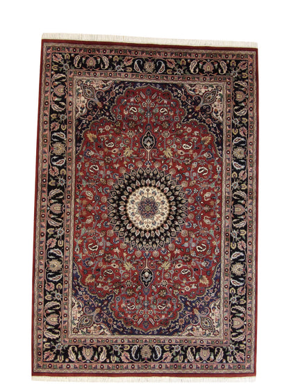 Traditional Fine Qum hand-knotted wool rug in Black & Red, full view