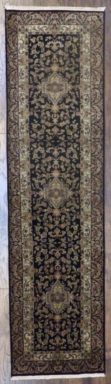 Fine Persian Tabriz hand-knotted wool runner in black and red, full view