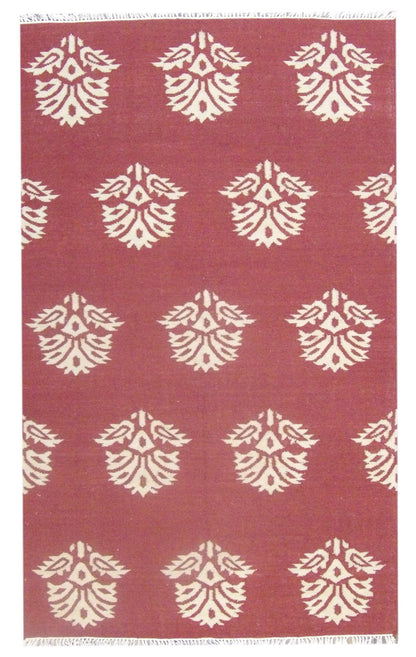 Coastal flat-weave beach hand-knotted wool rug in beige and red, full view