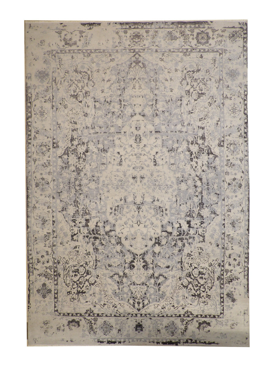 Transitional Grass Design hand-knotted wool rug in Blue & Gray, full view