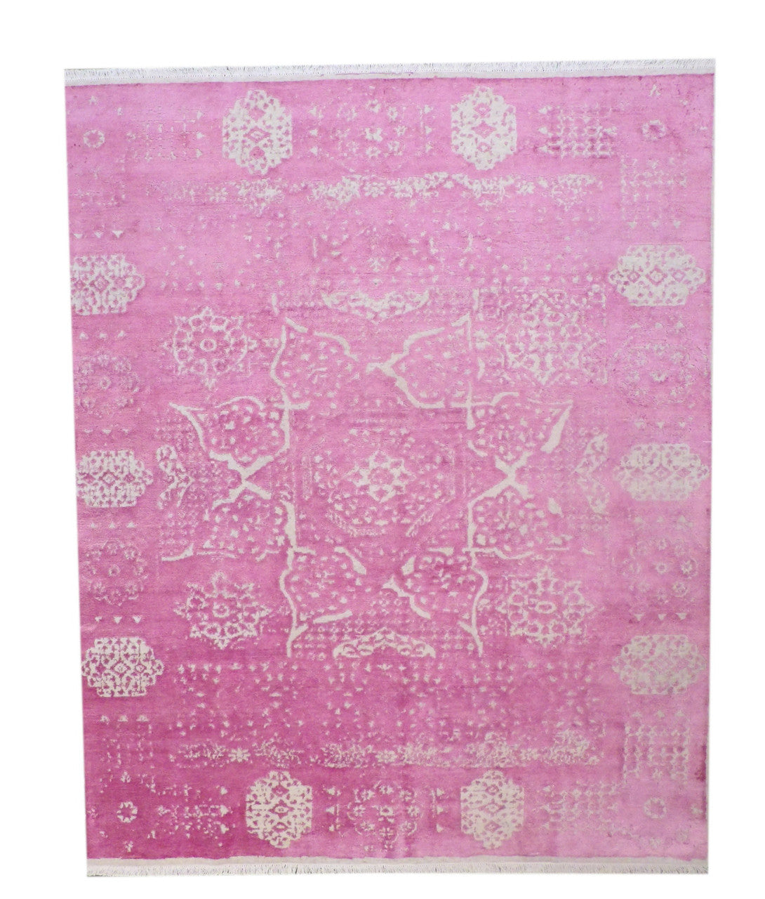 Modern oxidized broken Mamluk carved hand-knotted wool-silk rug in beige and pink, full view