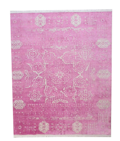 Modern oxidized broken Mamluk carved hand-knotted wool-silk rug in beige and pink, full view