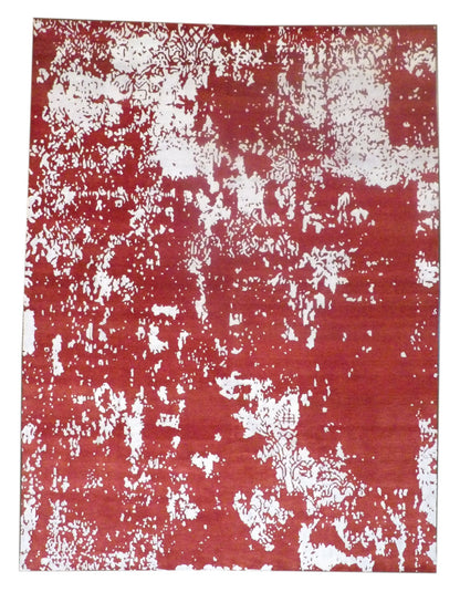 Modern Abstract Broken Design hand-knotted wool-silk rug in Red & White, full view