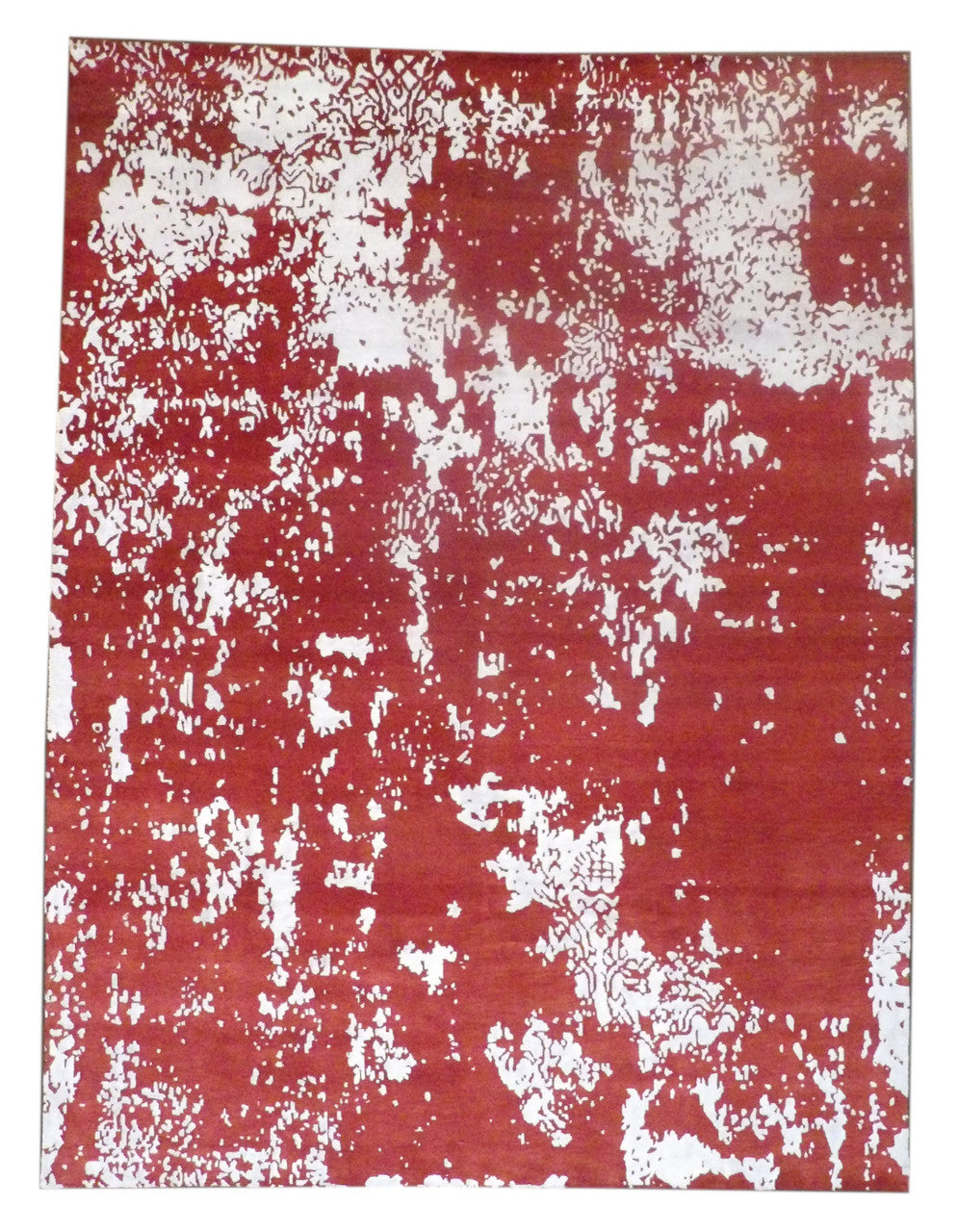 Modern Abstract Broken Design hand-knotted wool-silk rug in Red & White, full view