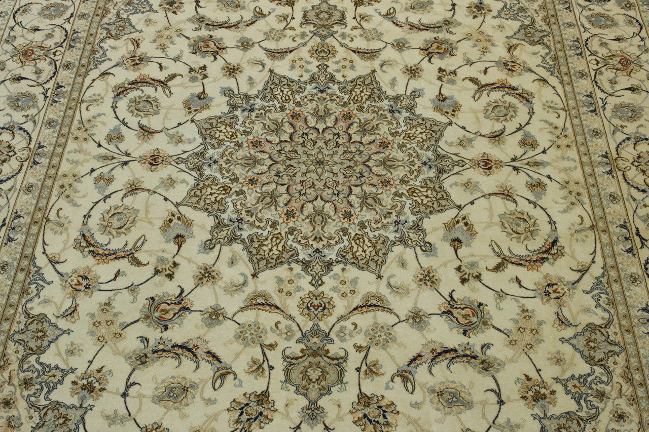 Traditional Super Fine Nain hand-knotted wool-silk rug in Gold & Beige, full view