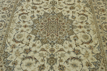 Traditional Super Fine Nain hand-knotted wool-silk rug in Gold & Beige, full view