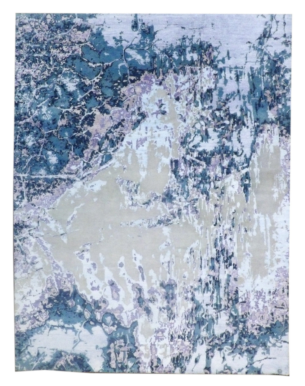 Modern Abstract Ocean Design hand-knotted wool-silk rug in Beige & Teal, full view