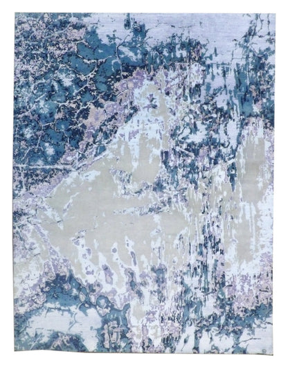 Modern Abstract Ocean Design hand-knotted wool-silk rug in Beige & Teal, full view