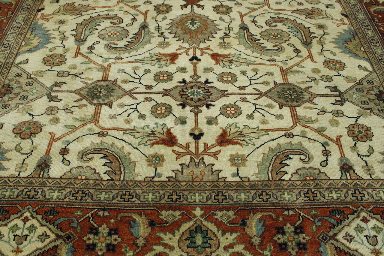 Tribal Hali Heriz hand-knotted wool rug in Beige & Rust, full view