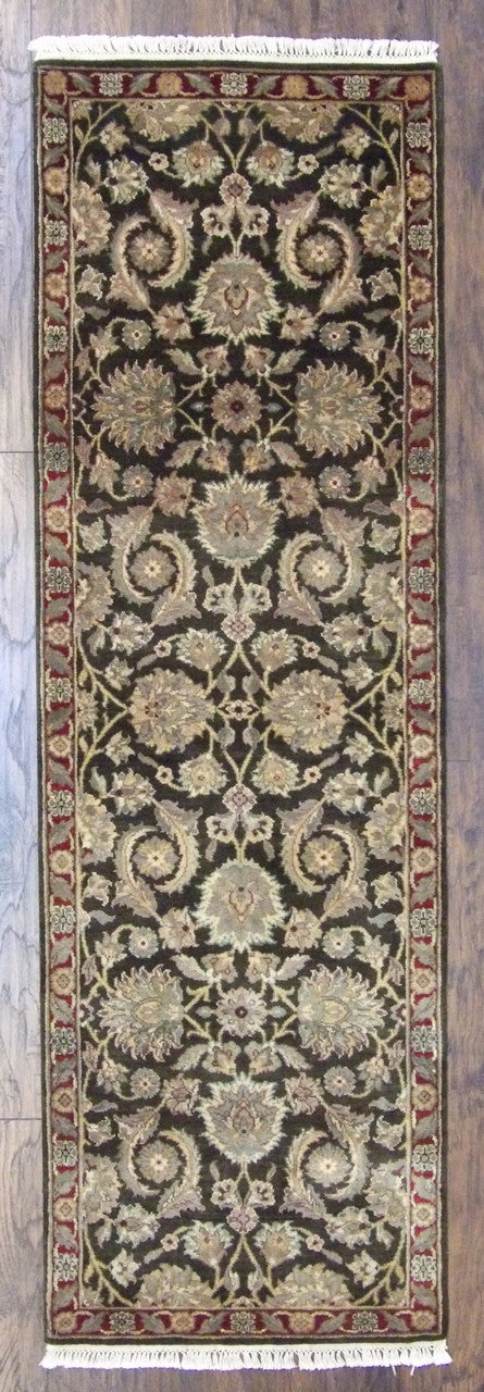 Jaipur Kashan hand-knotted wool runner in green and red, full view