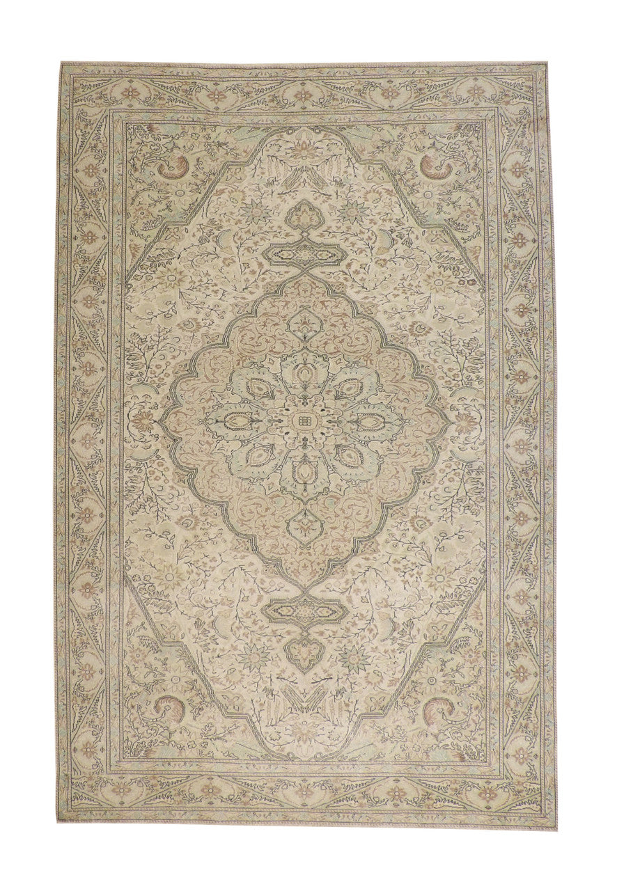 Traditional Vintage Kannysar hand-knotted wool rug in Beige & Green, full view