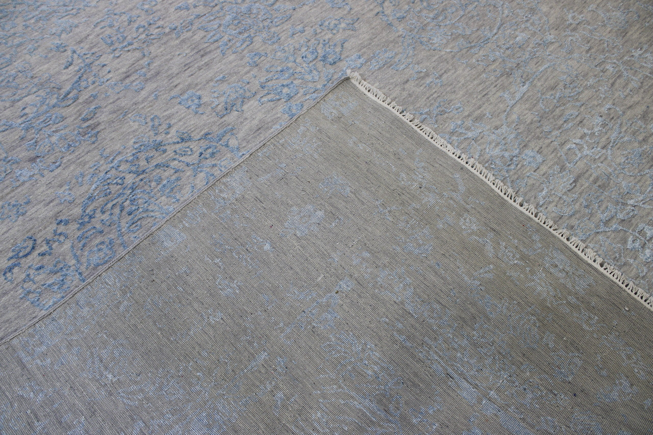 Transitional Abstract Broken Design hand-knotted wool-silk rug in Blue & Gray, full view