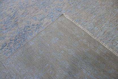 Transitional Abstract Broken Design hand-knotted wool-silk rug in Blue & Gray, full view