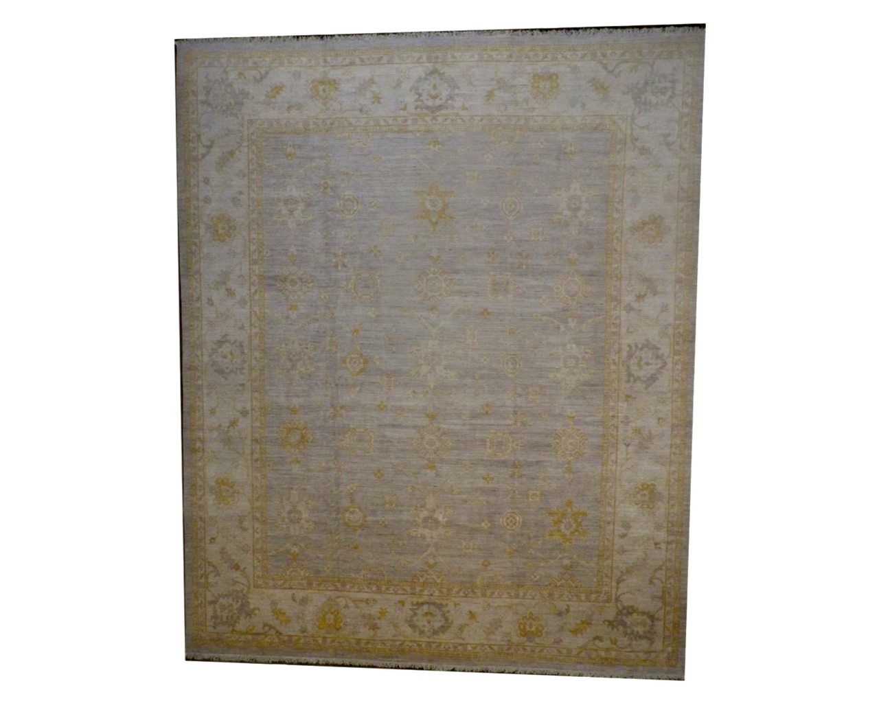 Oushak Chobi hand-knotted wool rug in gray and beige, palatial size, full view
