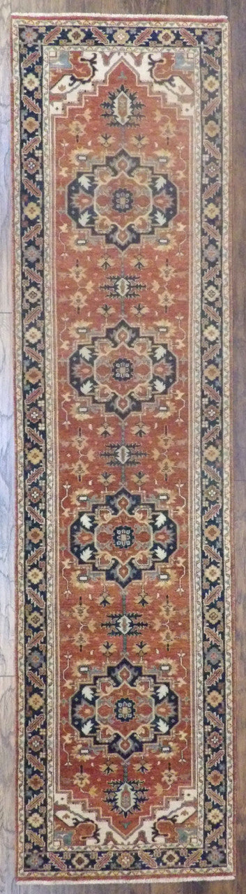 Fine Persian Sherapi hand-knotted wool rug in Blue & Rust, full view