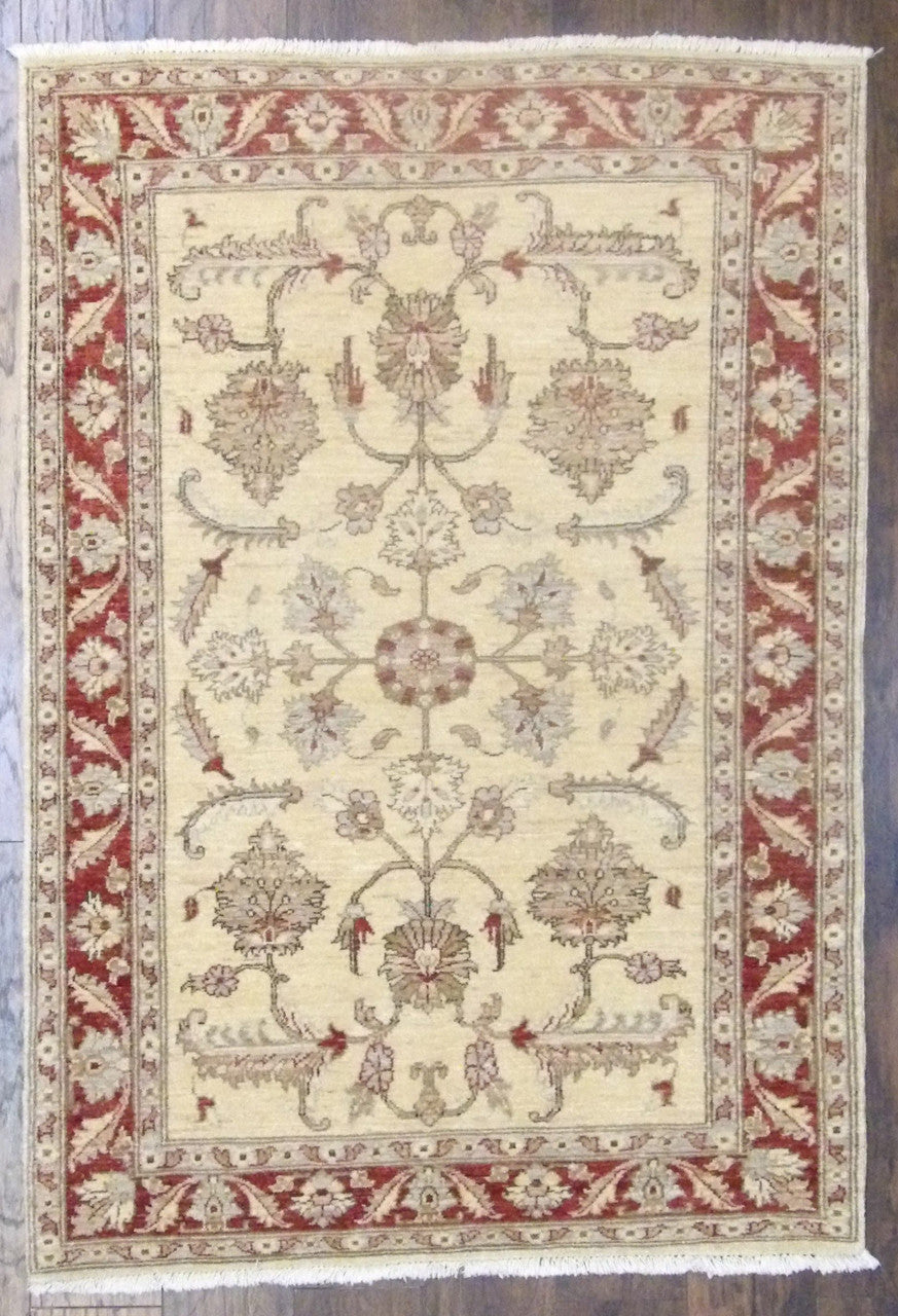 Chobi Oushak hand-knotted wool rug in Beige & Red, full view