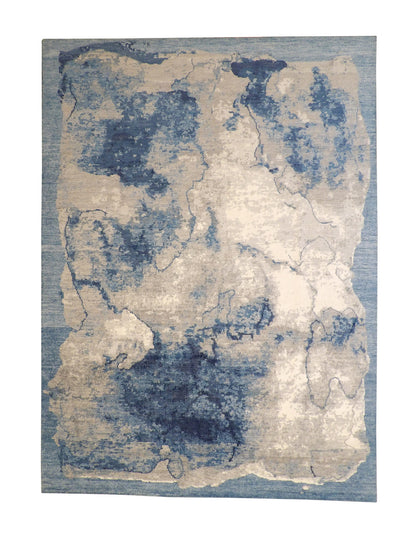Modern Abstract Distress Design hand-knotted silk rug in Blue & Beige, full view