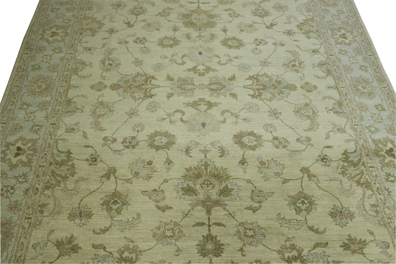 Blue & Beige Oushak Chobi rug in room setting