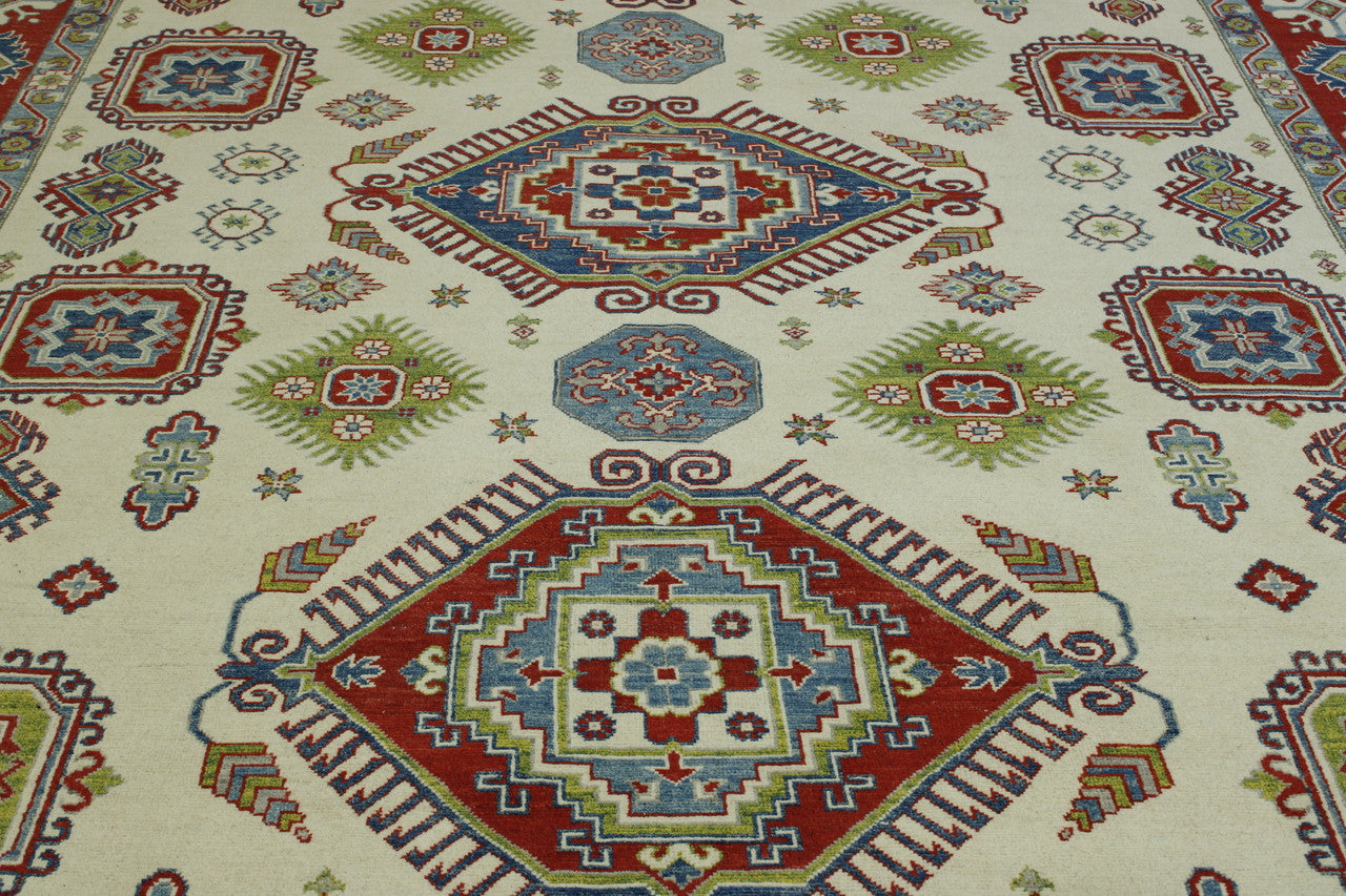 Beige & Red Tribal Super Kazak rug in room setting