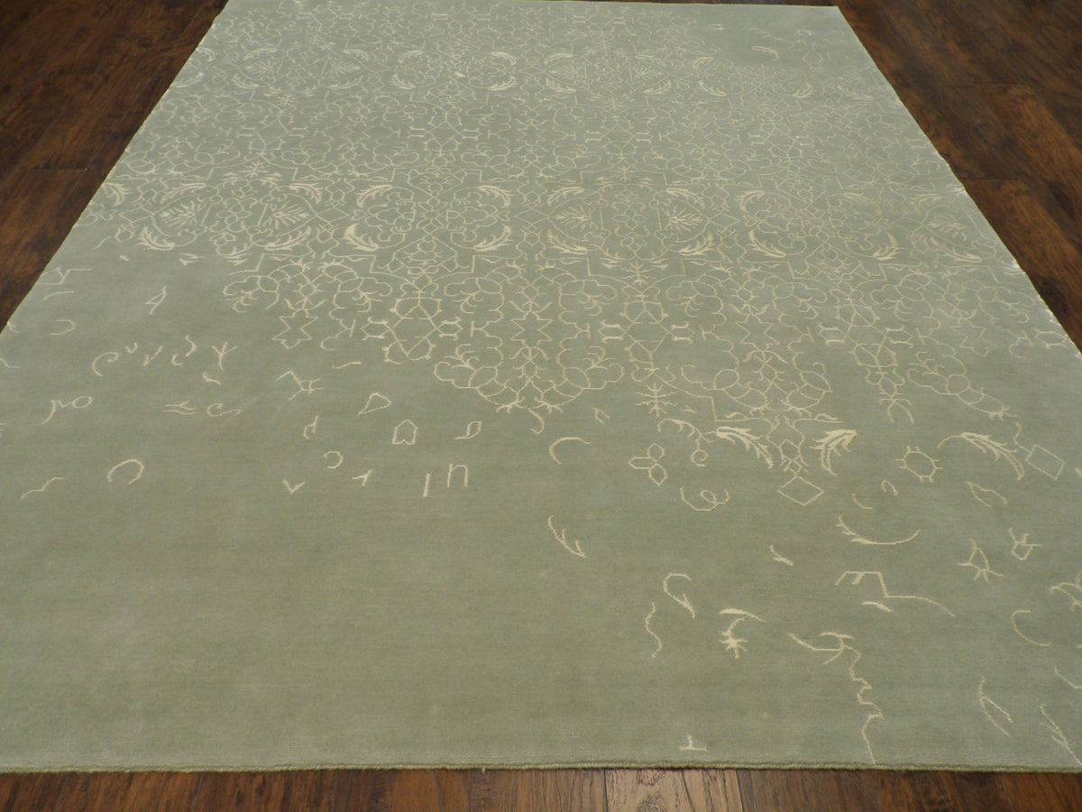 Close-up of wool-silk pile, blue and gray rug