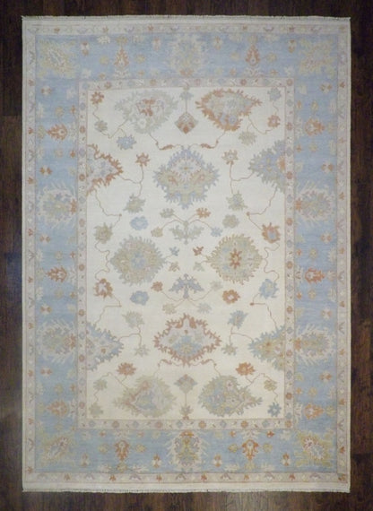 Turk Oushak Natural Dye hand-knotted wool rug in Blue & Beige, full view