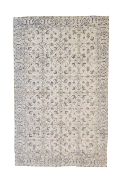 Modern Abstract Design hand-knotted silk rug in Blue & White, full view