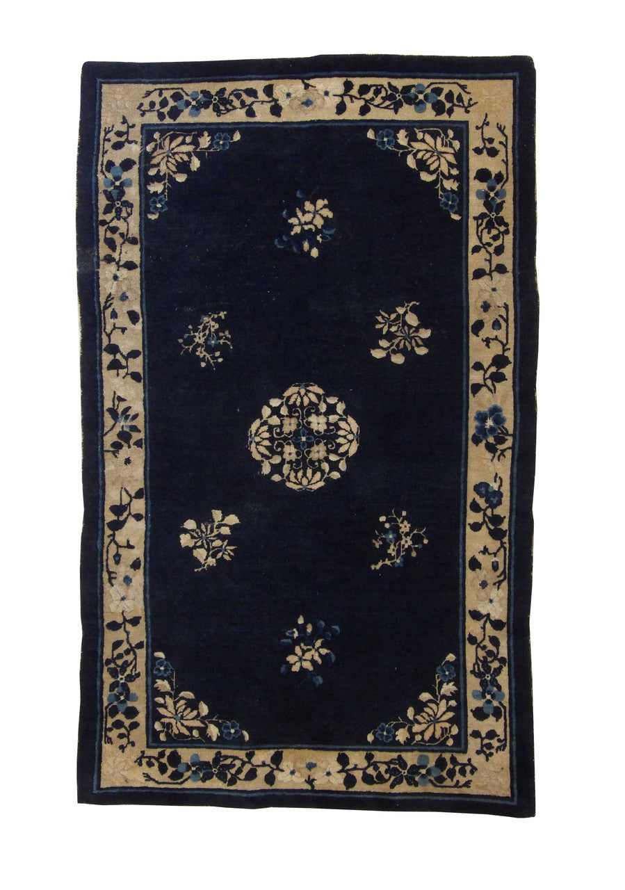 Traditional Antique Chinese Nicolson hand-knotted wool rug in Blue, full view