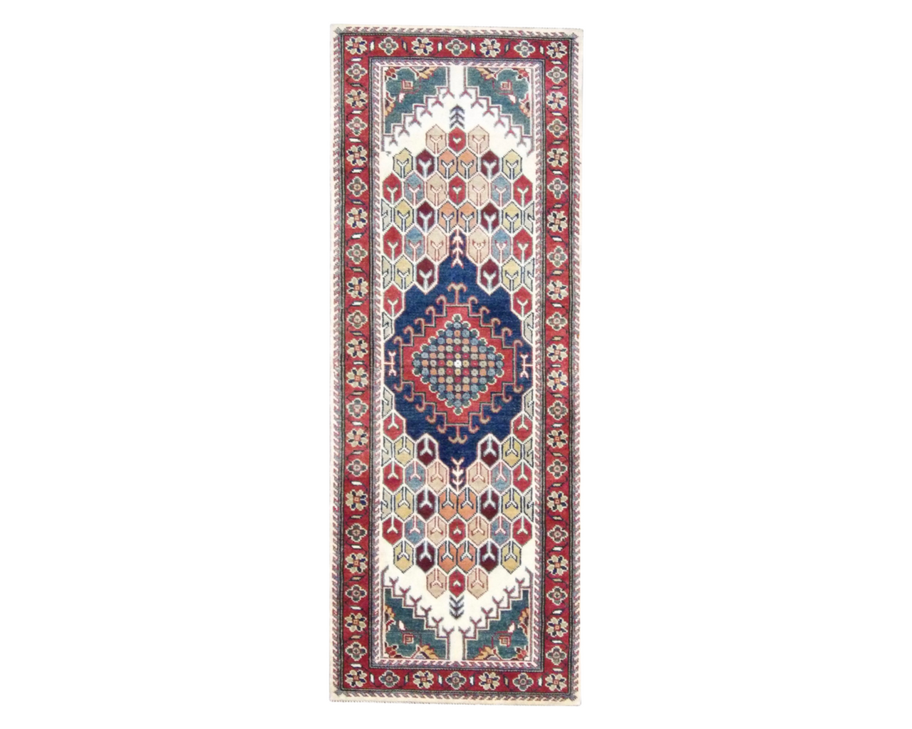 Tribal Kazak hand-knotted wool runner in ivory and red, full view
