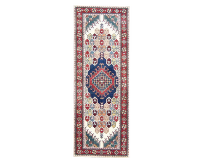 Tribal Kazak hand-knotted wool runner in ivory and red, full view