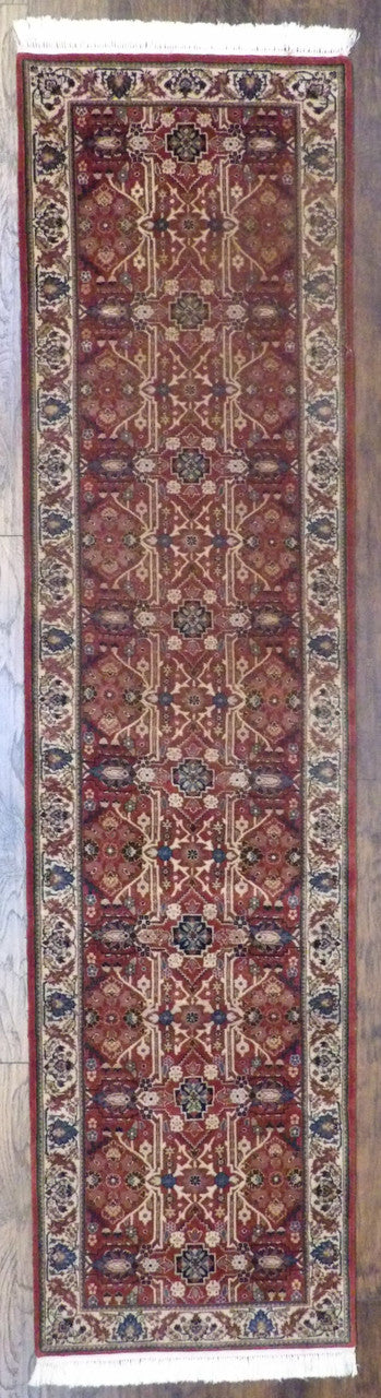 Fine Persian Herati hand-knotted wool runner in beige and red, full view