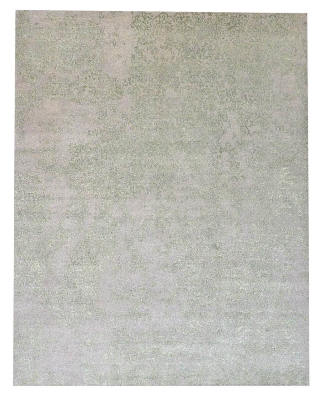 Transitional broken design hand-knotted wool rug in green and gray, full view, 8x10