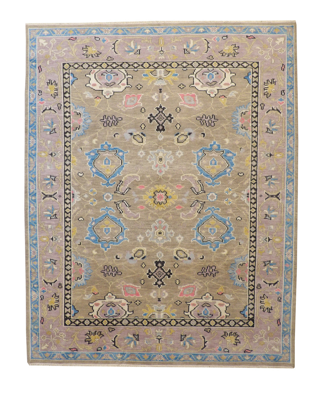 Oushak Colorful Ziegler hand-knotted wool rug in Green & Pink, full view