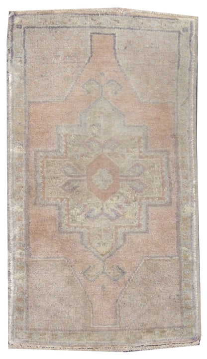 Vintage Anatolian Yastik hand-knotted wool rug in Pink & Brown, full view