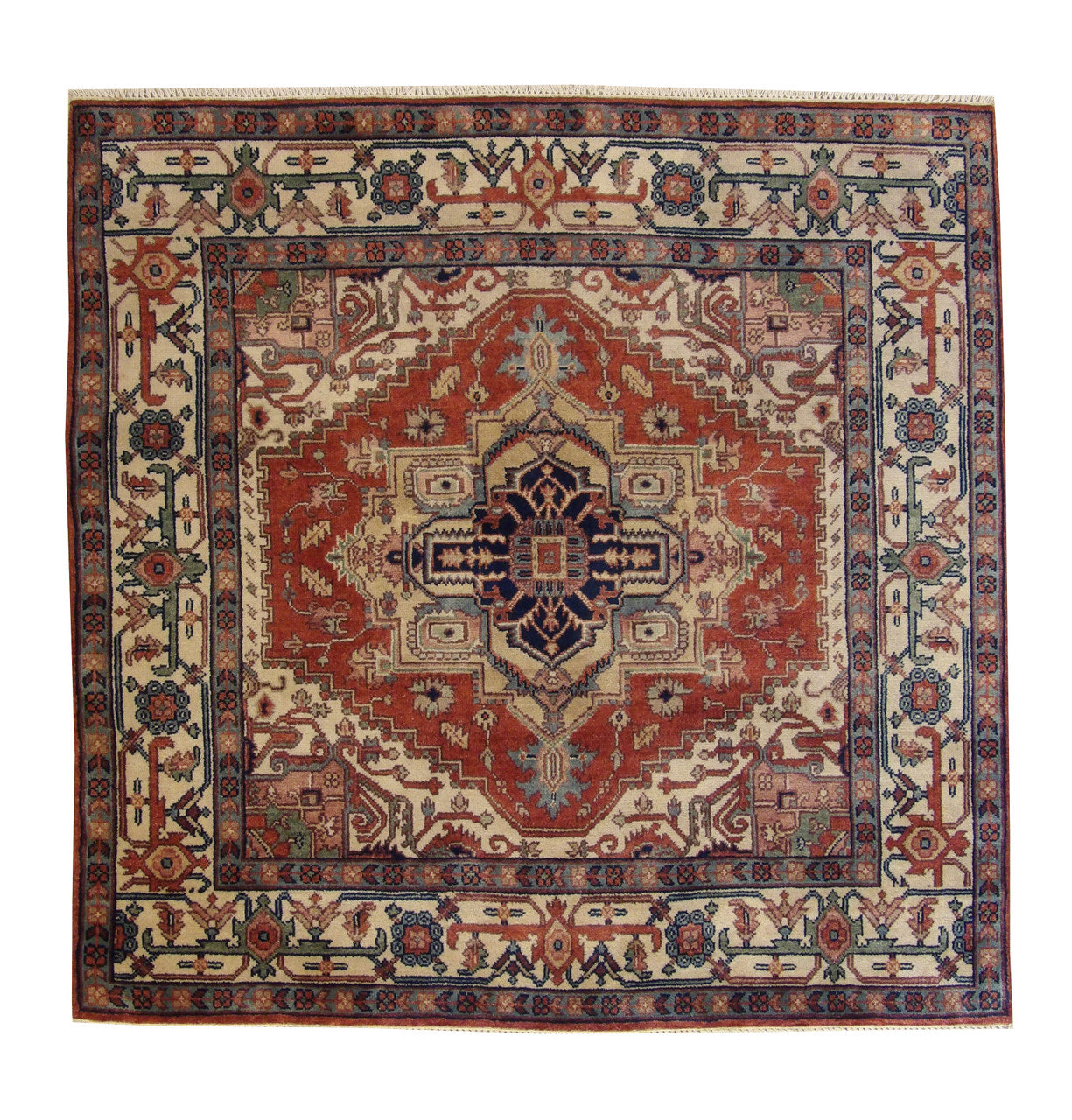 Tribal Indo Heriz hand-knotted wool rug in Blue & Rust, full view