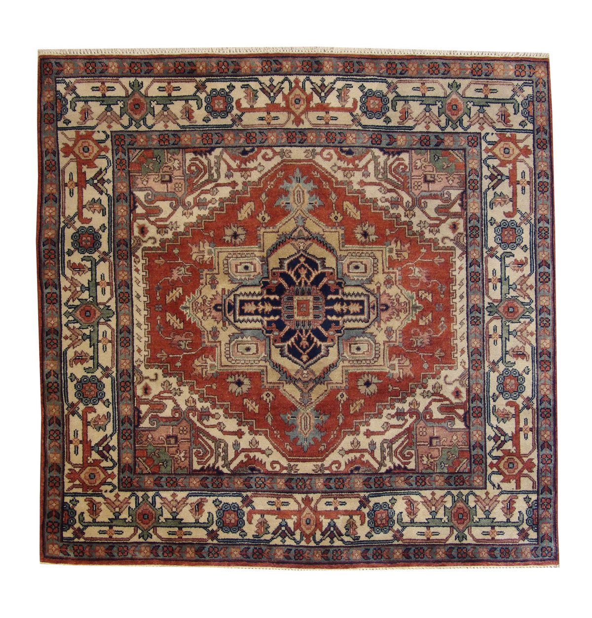 Tribal Indo Heriz hand-knotted wool rug in Blue & Rust, full view