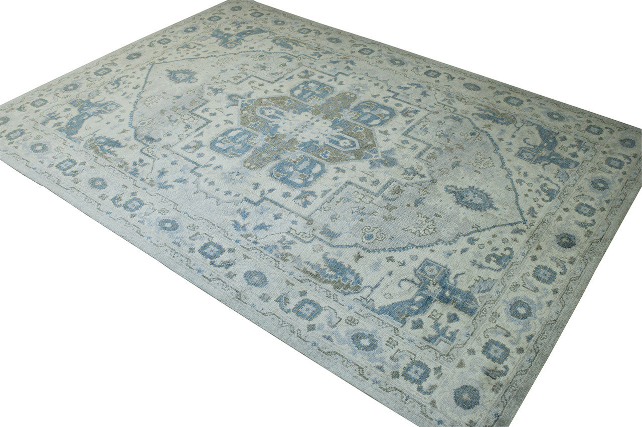 Close-up of silk pile, Blue & Beige rug